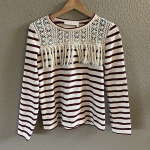 See by Chloe Striped Top Crochet Tassel fringe  cream burgundy boho small